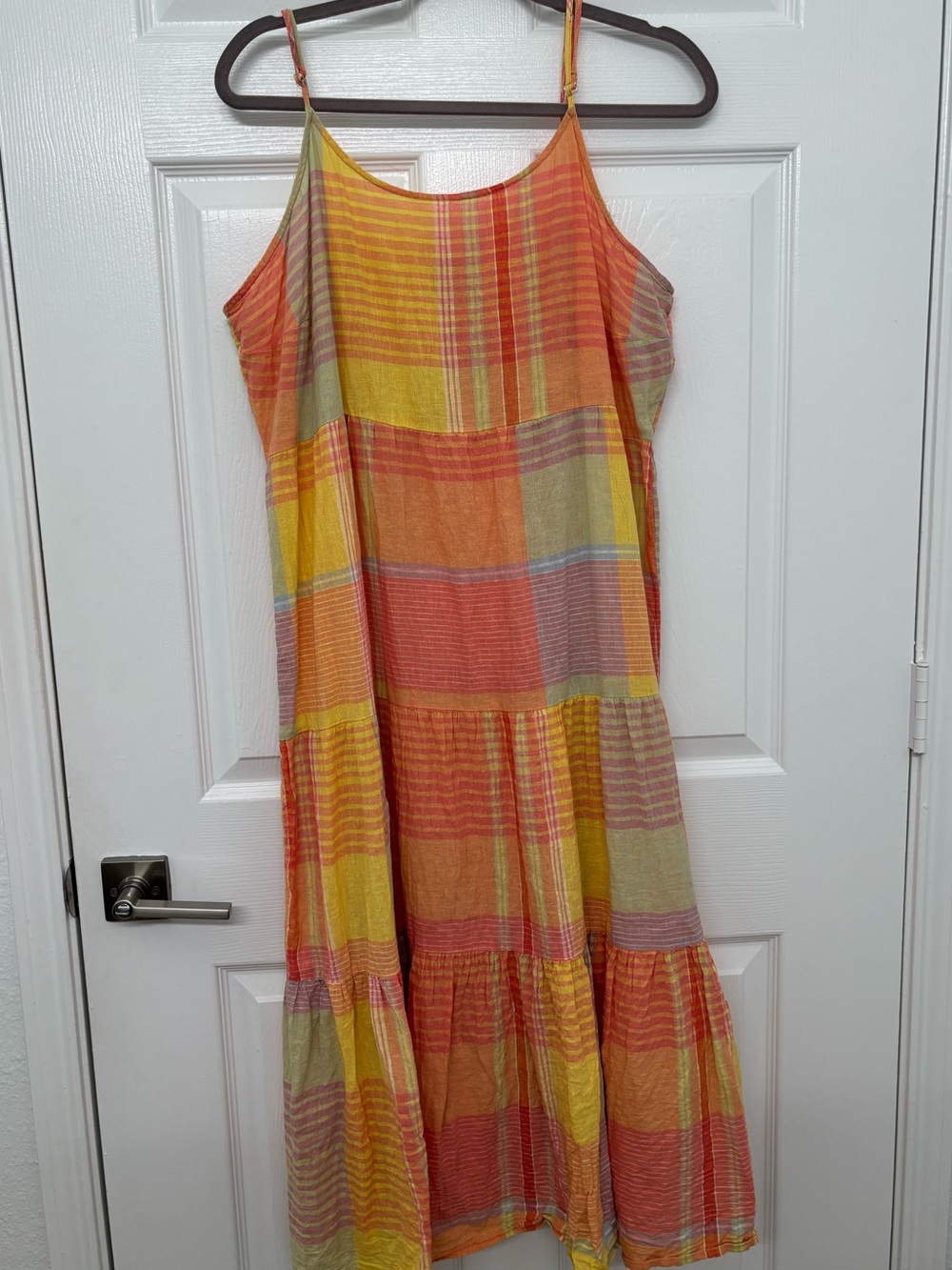 beachlunchlounge Spaghetti-Strap Maxi Sun Dress in Pink Yellow & Orange Plaid